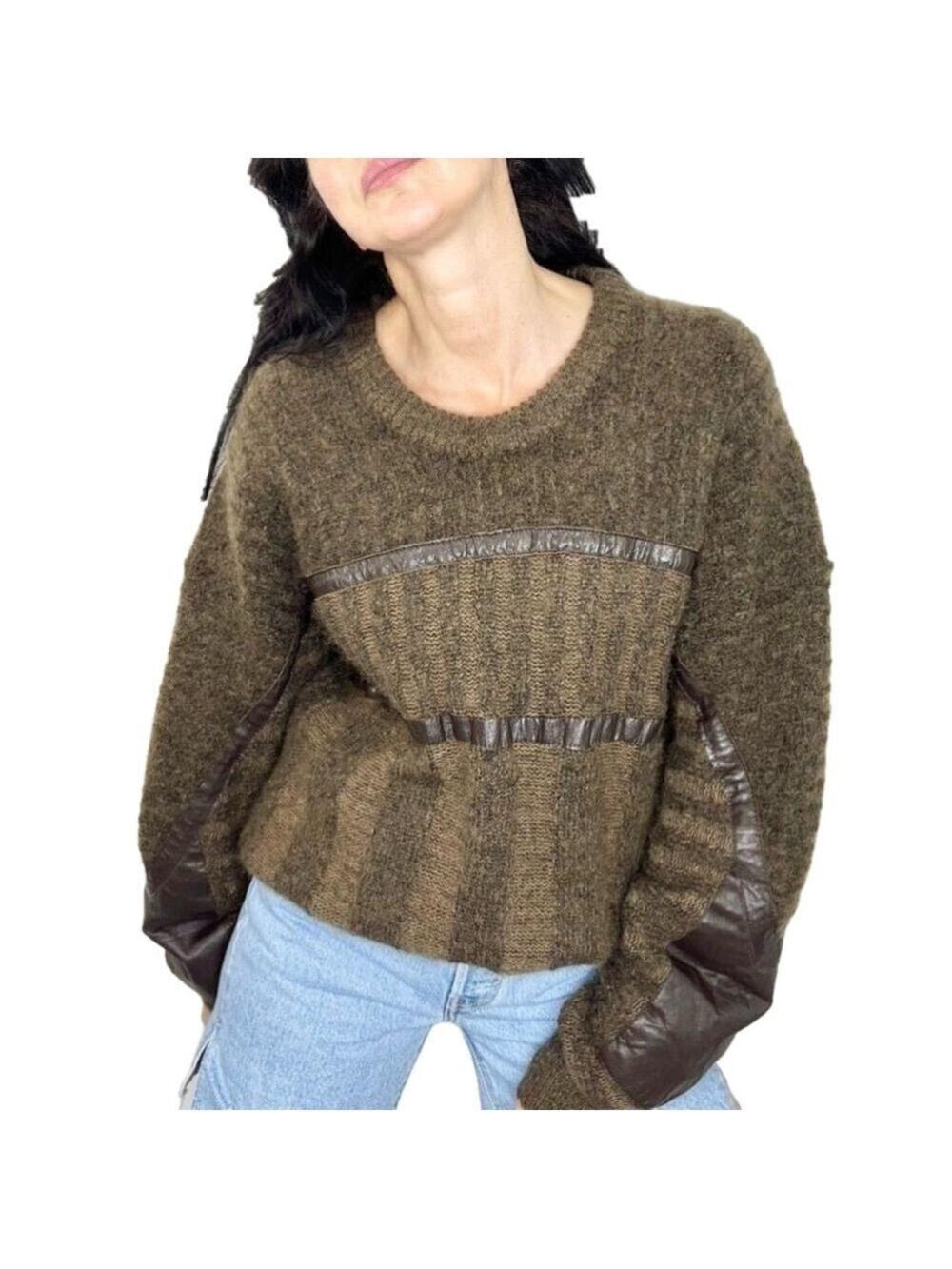 Vintage fuzzy brown wool mohair leather grandpa pullover sweater 52